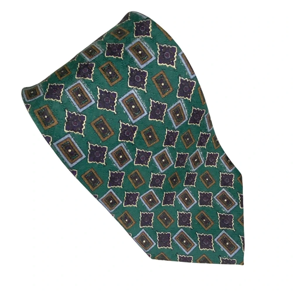 VTG Paolo Bianco Necktie Mens Geometric Medallion Silk Green Dark Academia‎ 55x4